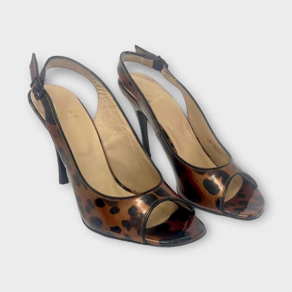 Women Stuart Weitzman Leather Tortious Shell Slingback Heels 7.5 Open Toe Heels